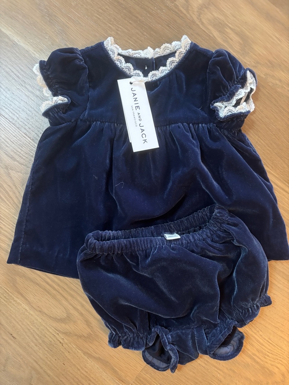 Janie and Jack Navy Velvet Dress with Lace Trim and Matching Bloomers